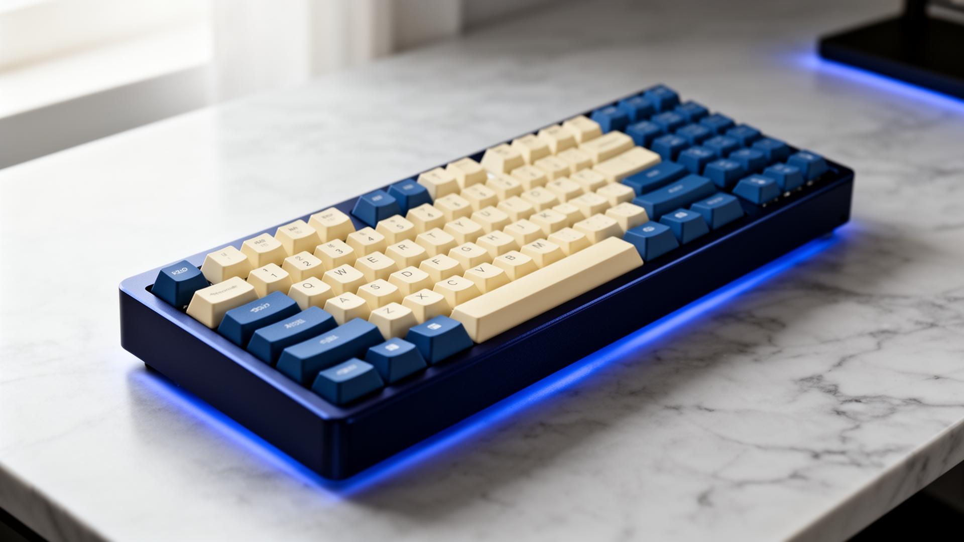 A premium custom navy and cream mechanical keyboard on marble